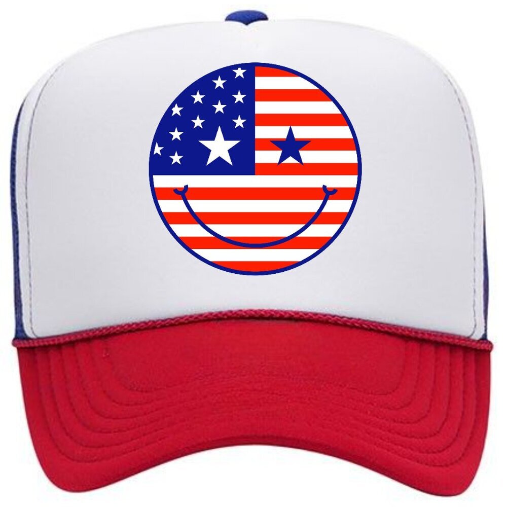 Smiley Face 4th Of July Hat American Flag Patriotic Foam Trucker Mesh Snapback